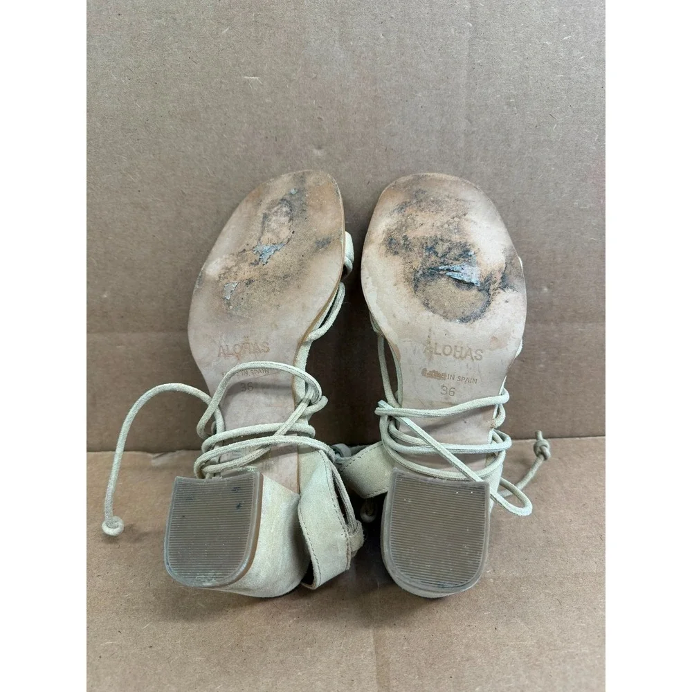 Alohas Sophie Suede Leather Block Heel Strappy Sandals Beige Womens Size 36 EU